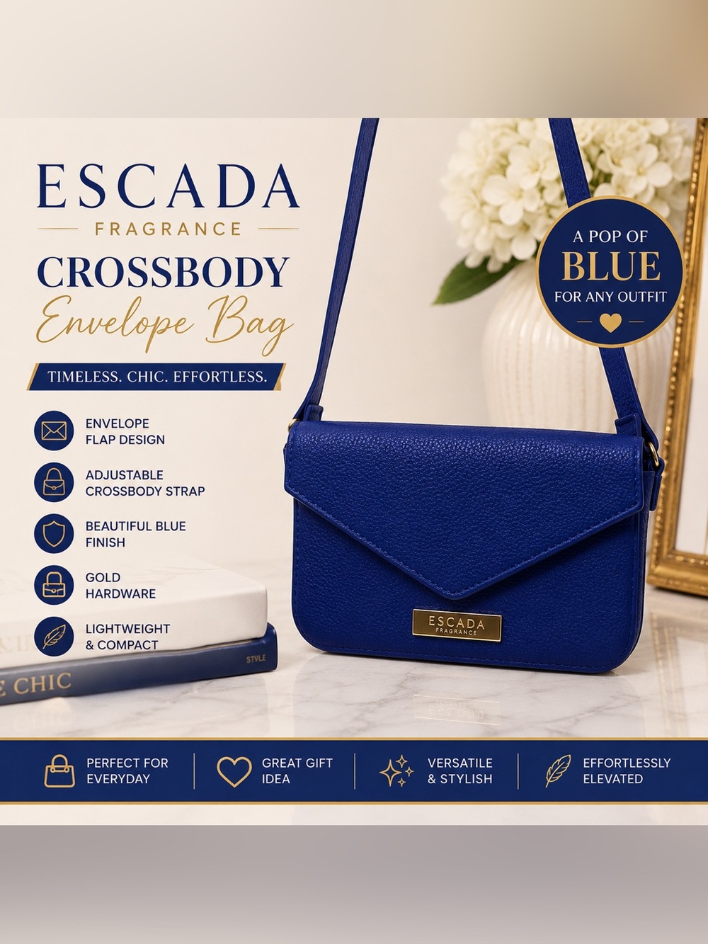 Escada Fragrance Blue Crossbody‎ Envelope Bag Gold Hardware